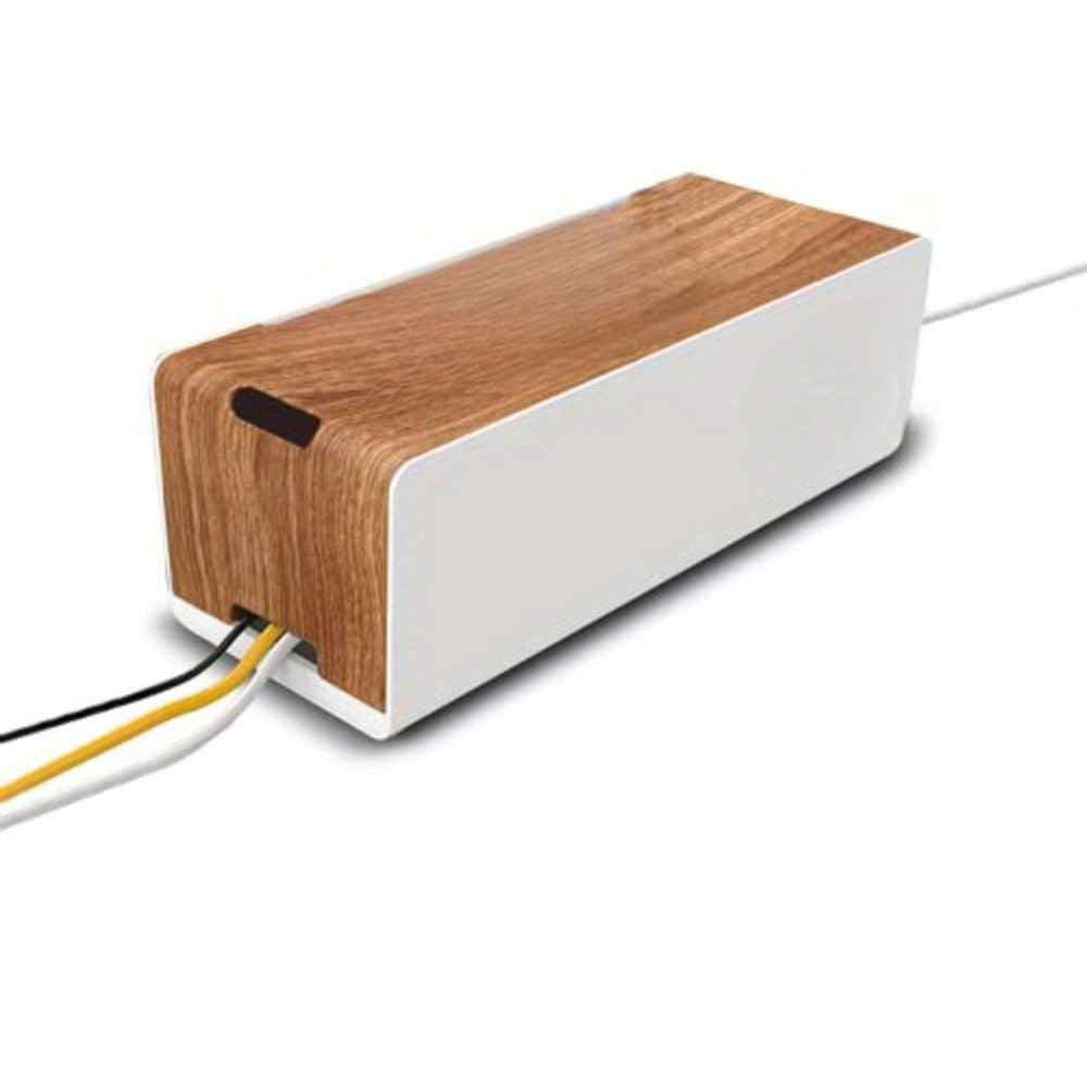 Sleek White Cable Management Box with Wooden Top - Hide Power Strips, Surge Protectors & Cords, Compact Wire Organizer for Home or Office, ABS Plastic Design, 15.7 x 6.2 x 5.3 Inches