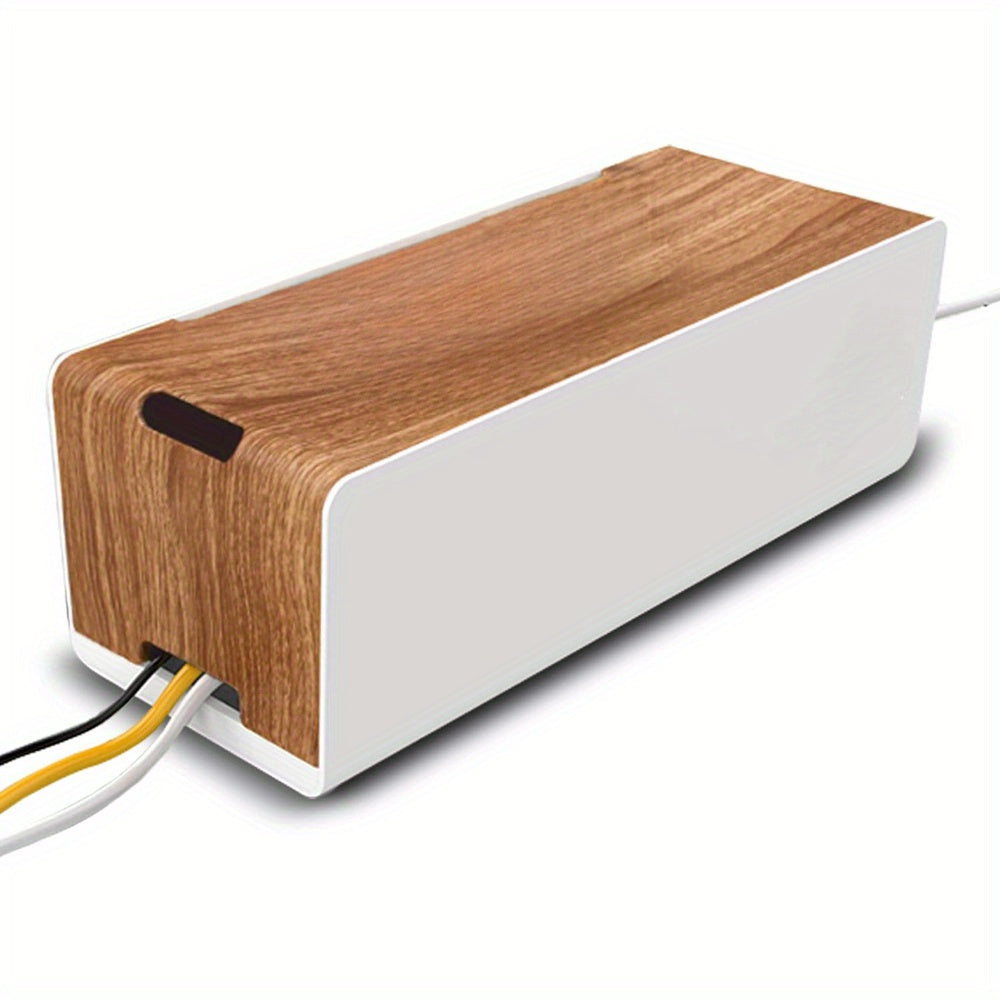 Sleek White Cable Management Box with Wooden Top - Hide Power Strips, Surge Protectors & Cords, Compact Wire Organizer for Home or Office, ABS Plastic Design, 15.7 x 6.2 x 5.3 Inches