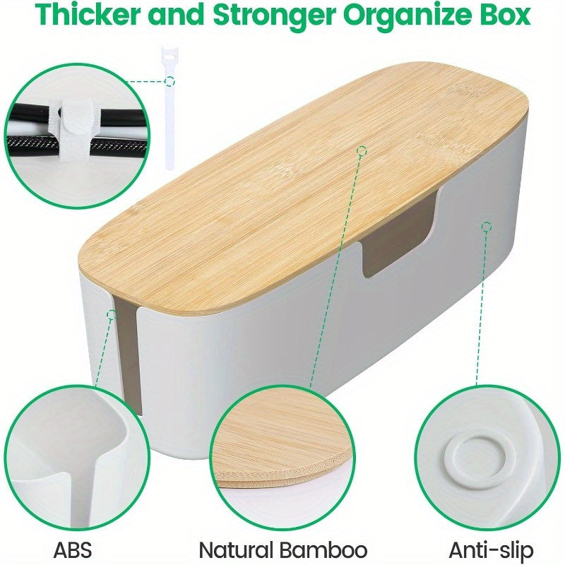 Large Cable Management Box - Cord Organize Box with Bamboo lid for Safe Home and Office Cord Hider for Power Strip Under Desk Cover TV Wires Child and Pet Proof Cord Box White
