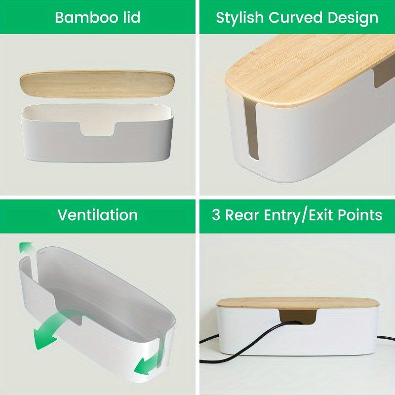 Large Cable Management Box - Cord Organize Box with Bamboo lid for Safe Home and Office Cord Hider for Power Strip Under Desk Cover TV Wires Child and Pet Proof Cord Box White