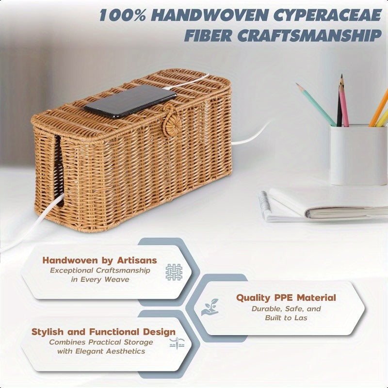 Large Cable Management Box Handmade Wicker Cable Cord Organizer Box for Power Strip and Cord Storage 2 Open Slots Cords Hider Box with Lid to Hide Power Strips TV Wires USB Hub