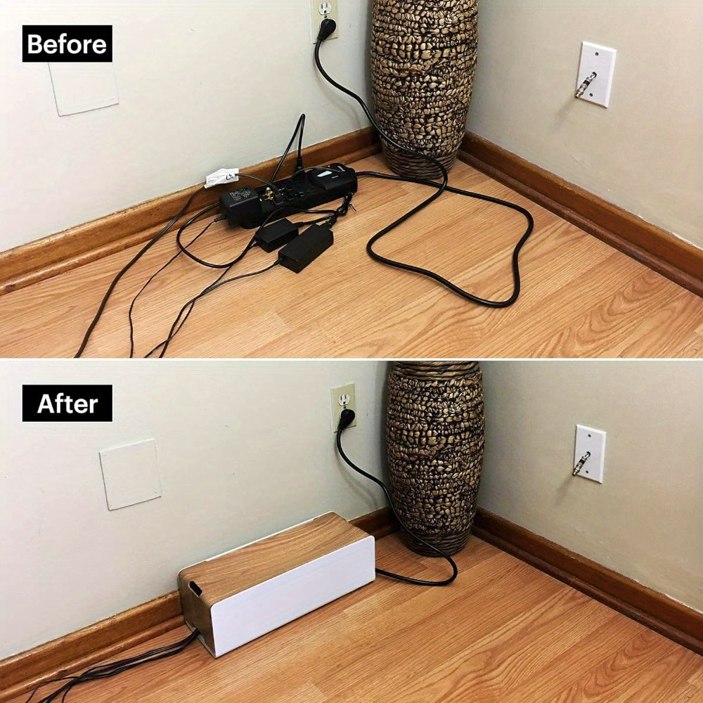 Sleek White Cable Management Box with Wooden Top - Hide Power Strips, Surge Protectors & Cords, Compact Wire Organizer for Home or Office, ABS Plastic Design, 15.7 x 6.2 x 5.3 Inches