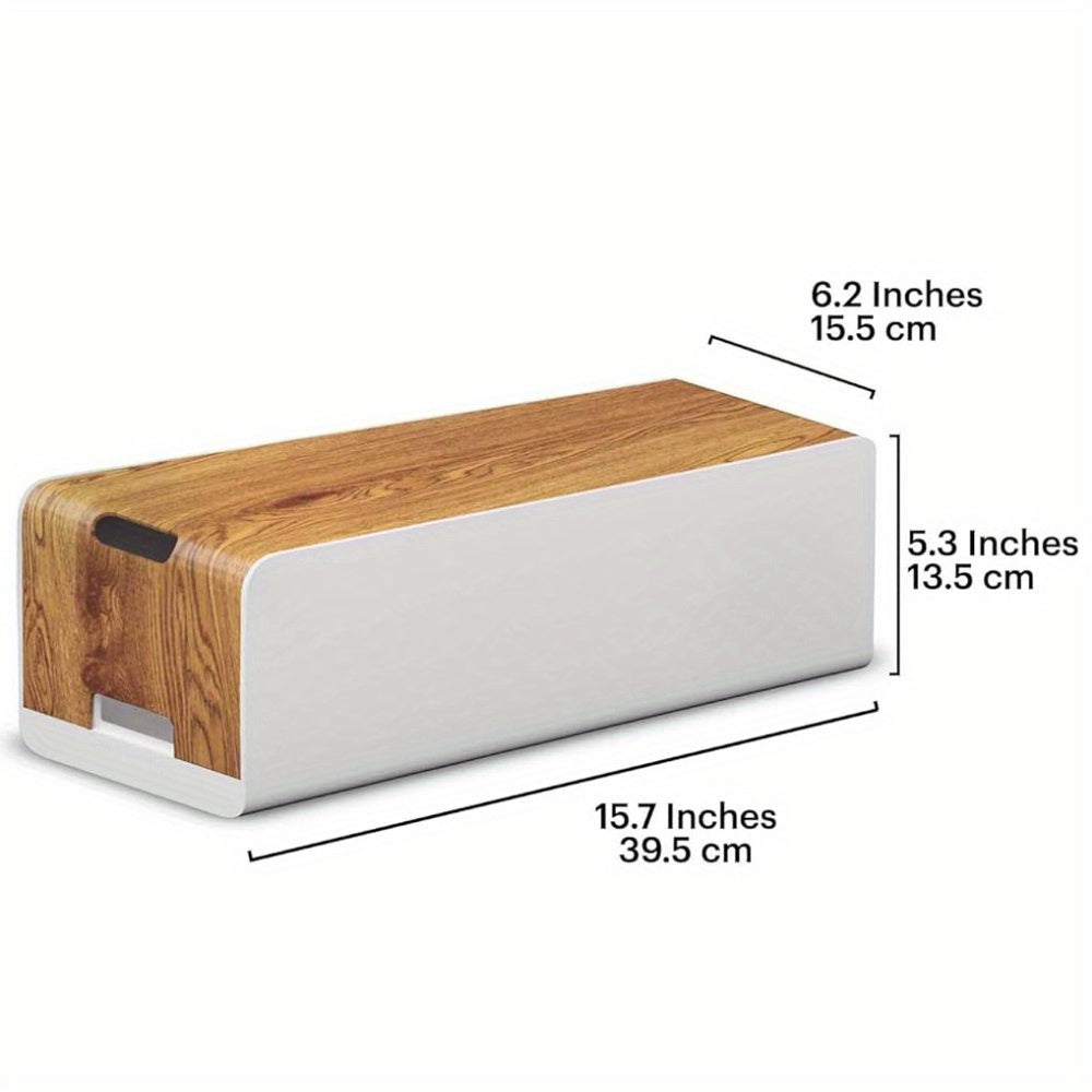 Sleek White Cable Management Box with Wooden Top - Hide Power Strips, Surge Protectors & Cords, Compact Wire Organizer for Home or Office, ABS Plastic Design, 15.7 x 6.2 x 5.3 Inches