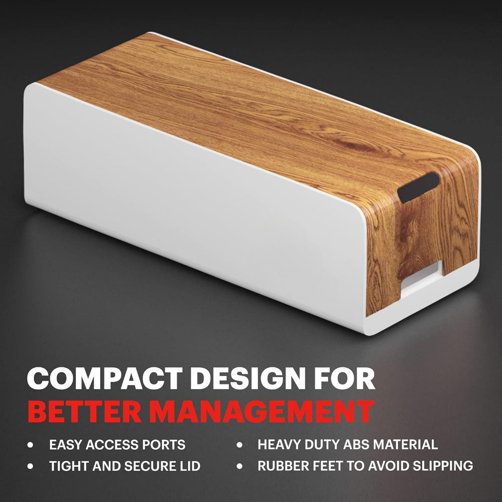 Sleek White Cable Management Box with Wooden Top - Hide Power Strips, Surge Protectors & Cords, Compact Wire Organizer for Home or Office, ABS Plastic Design, 15.7 x 6.2 x 5.3 Inches