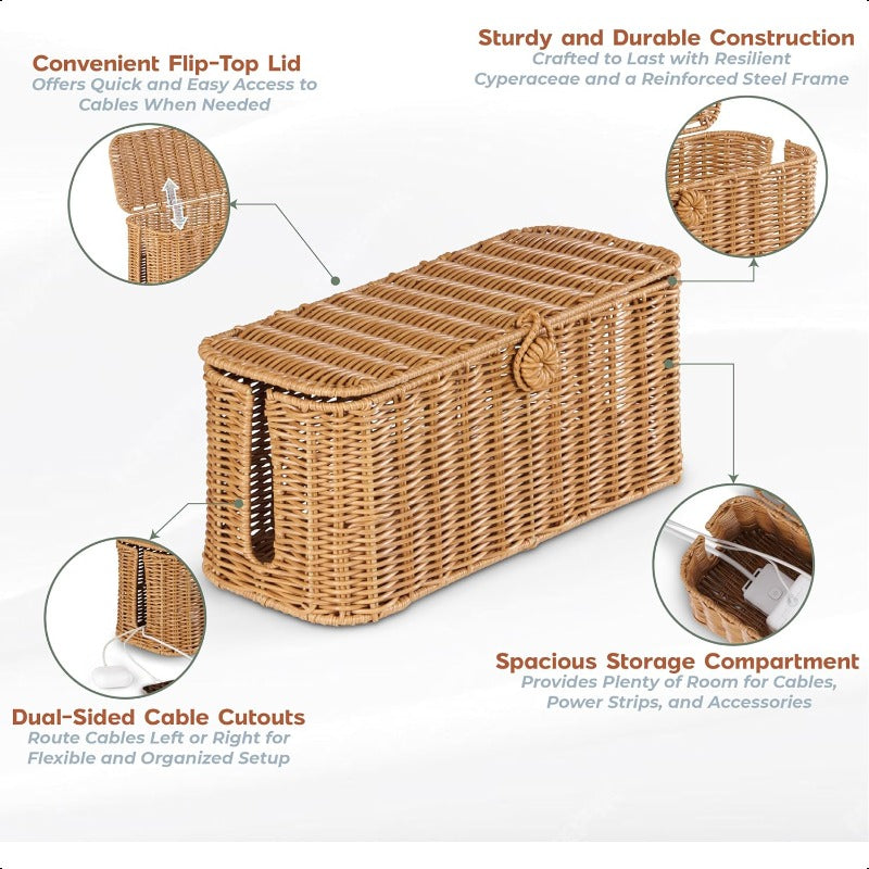 Large Cable Management Box Handmade Wicker Cable Cord Organizer Box for Power Strip and Cord Storage 2 Open Slots Cords Hider Box with Lid to Hide Power Strips TV Wires USB Hub