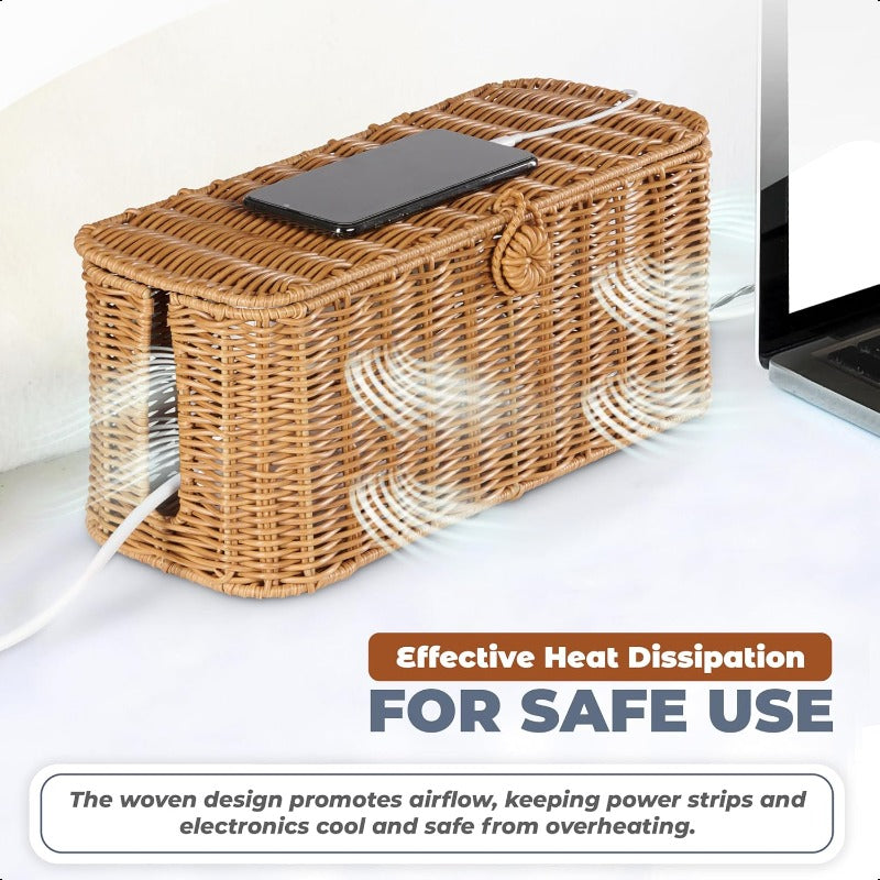 Large Cable Management Box Handmade Wicker Cable Cord Organizer Box for Power Strip and Cord Storage 2 Open Slots Cords Hider Box with Lid to Hide Power Strips TV Wires USB Hub
