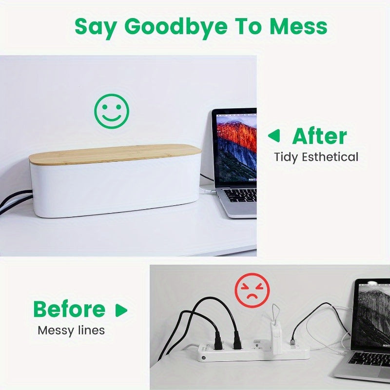 Large Cable Management Box - Cord Organize Box with Bamboo lid for Safe Home and Office Cord Hider for Power Strip Under Desk Cover TV Wires Child and Pet Proof Cord Box White