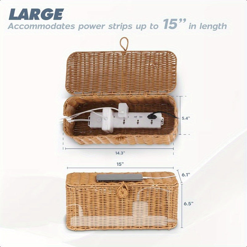 Large Cable Management Box Handmade Wicker Cable Cord Organizer Box for Power Strip and Cord Storage 2 Open Slots Cords Hider Box with Lid to Hide Power Strips TV Wires USB Hub
