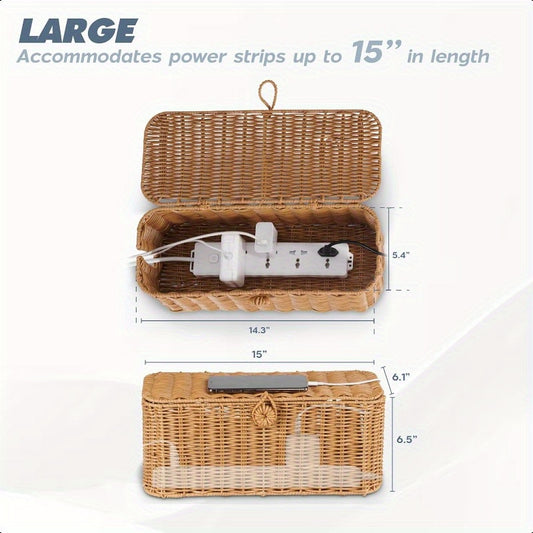 Large Cable Management Box Handmade Wicker Cable Cord Organizer Box for Power Strip and Cord Storage 2 Open Slots Cords Hider Box with Lid to Hide Power Strips TV Wires USB Hub