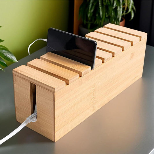 Bamboo Cable Organizer Box - Multi-Functional Cord Management System for Home and Office, Durable Wire and Device Storage Solution, Holds 8 Smart Devices, Cable Management|Natural Look|Bamboo Construction