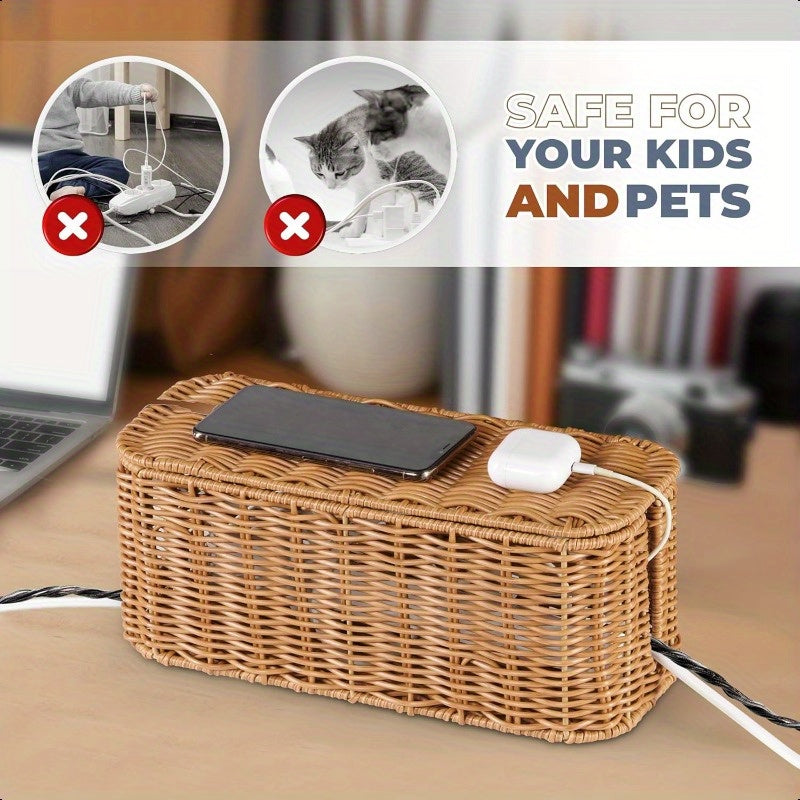 Large Cable Management Box Handmade Wicker Cable Cord Organizer Box for Power Strip and Cord Storage 2 Open Slots Cords Hider Box with Lid to Hide Power Strips TV Wires USB Hub