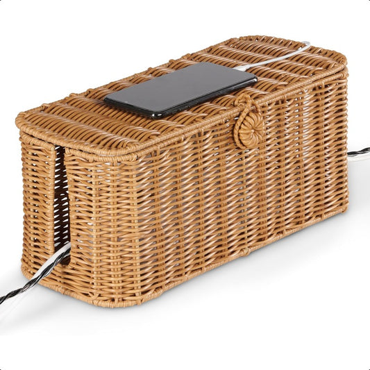 Large Cable Management Box Handmade Wicker Cable Cord Organizer Box for Power Strip and Cord Storage 2 Open Slots Cords Hider Box with Lid to Hide Power Strips TV Wires USB Hub