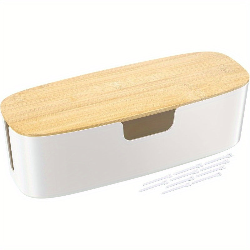Large Cable Management Box - Cord Organize Box with Bamboo lid for Safe Home and Office Cord Hider for Power Strip Under Desk Cover TV Wires Child and Pet Proof Cord Box White