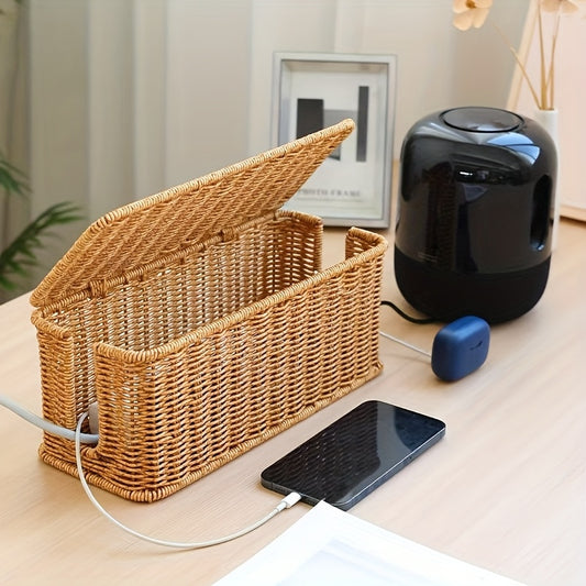Handmade Rattan Cable Management Box, Braided Storage Organizer Basket, Desktop Clutter Container for Home and Office Organization, Ideal Gift for Family and Friends, Storage Box Organizer